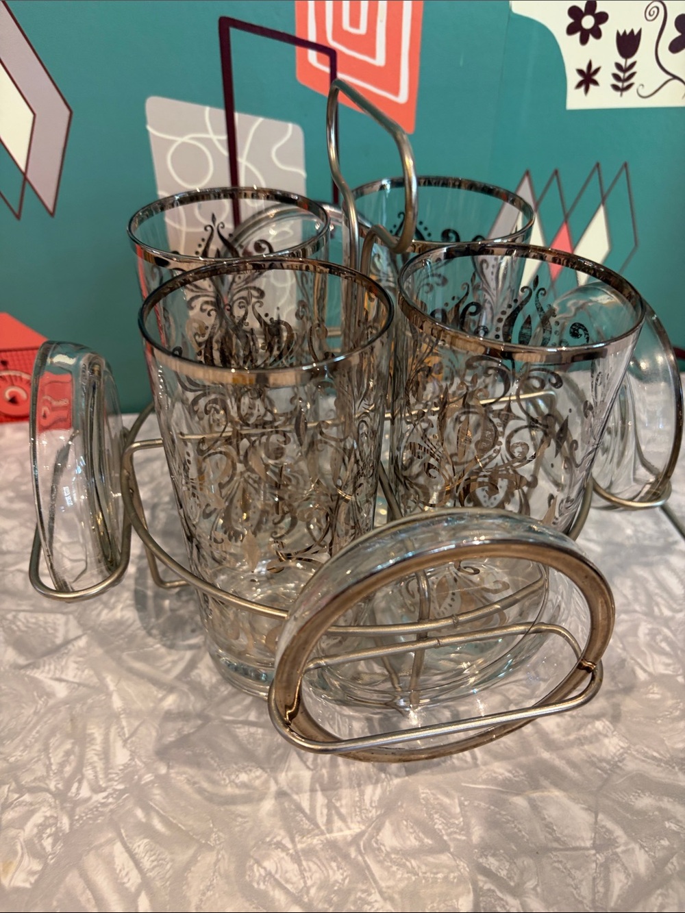 Vintage Highball Glasses and Coasters with chrome carrier. 9 pieces. MCM barware